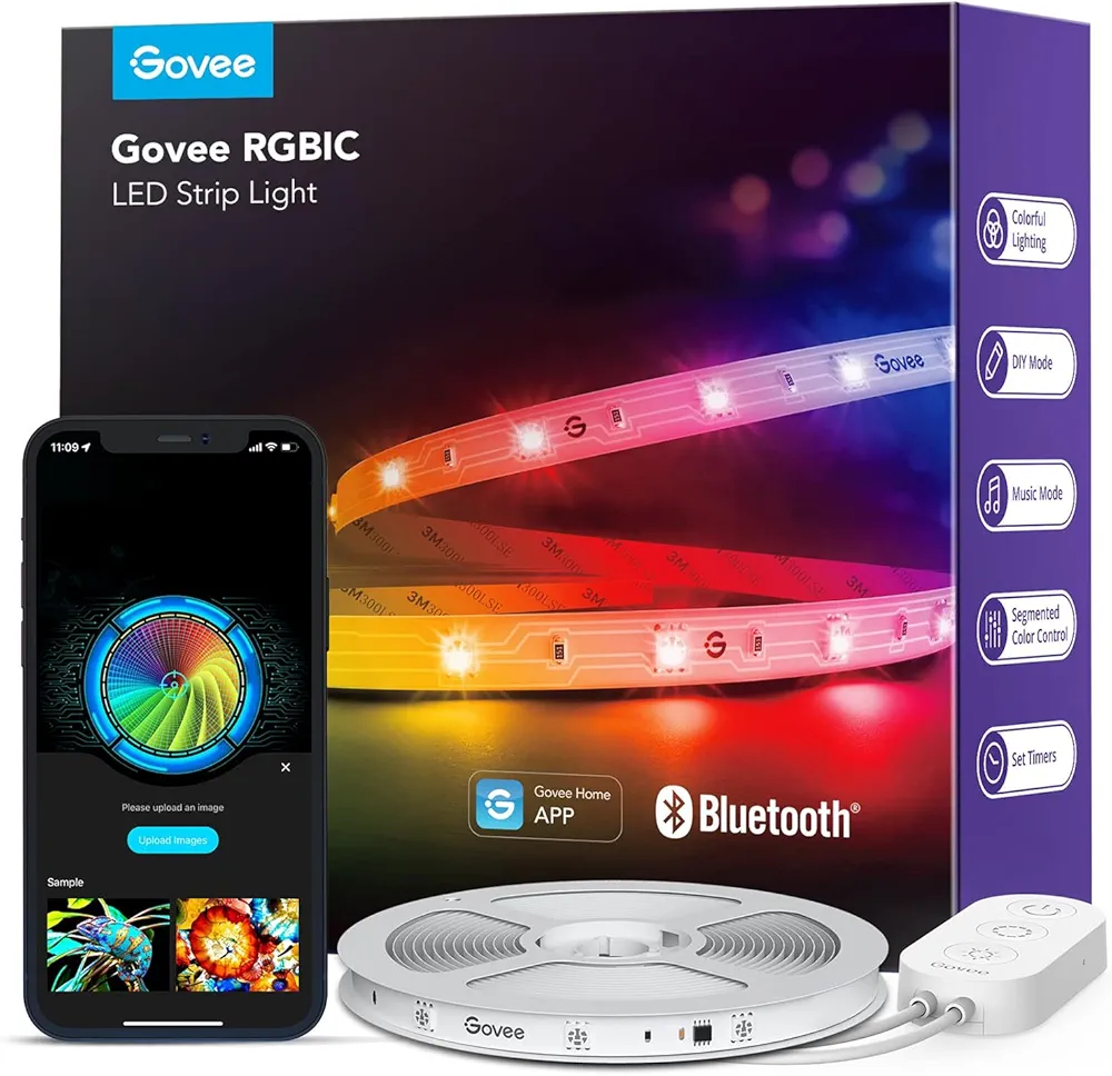 Govee RGBIC LED strip lights with multi-color gradients for bedroom ambiance.