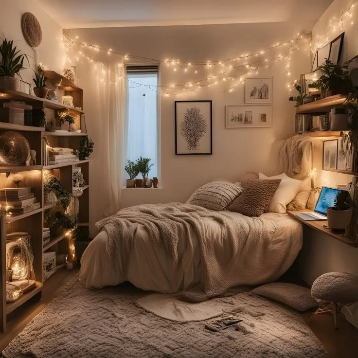 Bedroom illuminated by warm white string lights, showing a simple and inviting lighting setup for a bedroom.